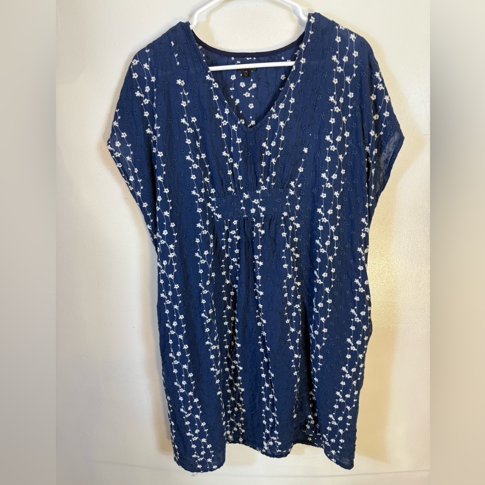 Coco & Carmen Dress Embroidered Eyelet Blue White Pockets L/XL Casual